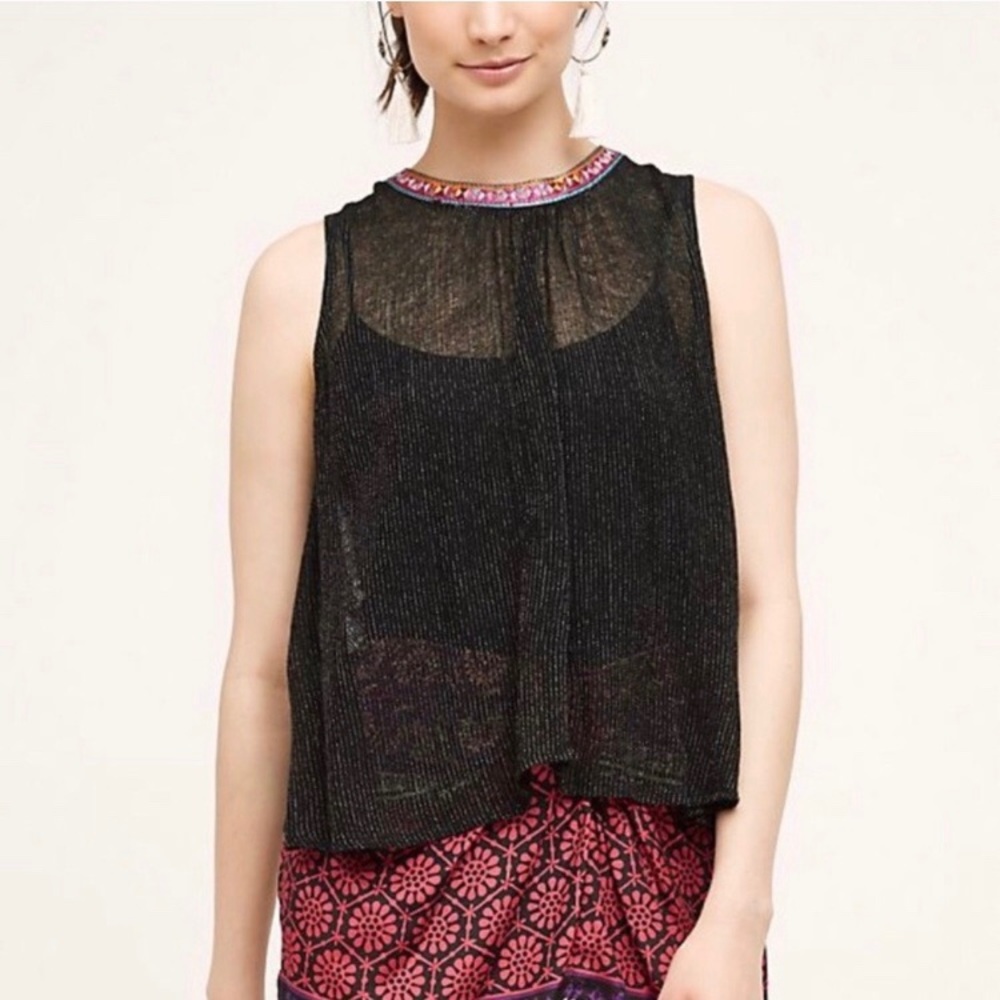 ANTHROPOLOGIE EMBROIDERED BLACK TANK TOP